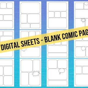Puede incluir: Doce páginas de cómic en blanco con diferentes diseños de paneles. Las páginas son blancas con contornos negros. Las páginas están etiquetadas como "12 hojas digitales - Páginas de cómic en blanco".
