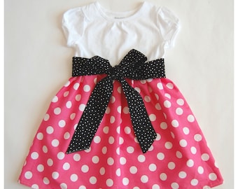 Pink Minnie dress**Mickey Mouse dress**Toddler girls dress**White, pink polka dots, black sash**Dress for Disney World**Minnie Mouse dress