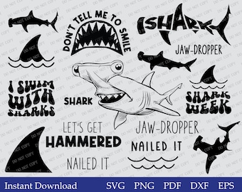 Hammerhead Shark Silhouette Fin Clipart Bundle - SVG and PNG Files