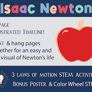 Puede incluir: Una ilustración colorida de Isaac Newton con una manzana roja. El texto "10 PAGE ILLUSTRATED TIMELINE!" está por encima de la manzana. El texto "PRINT & hang pages together for an easy and fun visual of Newton's life" está debajo de la manzana. El texto "3 LAWS OF MOTION STEM ACTIVITIES!" está en la parte inferior de la imagen. El texto "BONUS POSTER & Color Wheel STEM" está debajo del texto "3 LAWS OF MOTION STEM ACTIVITIES!"