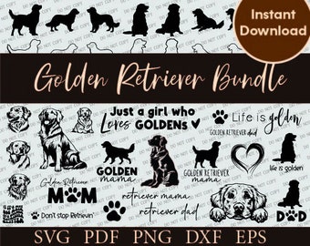 Puede incluir: Un paquete de descarga digital con diseños de Golden Retriever. Incluye siluetas, ilustraciones y elementos de texto como "Just a girl who loves Goldens" y "Life is golden". Formatos: SVG, PDF, PNG, DXF y EPS.