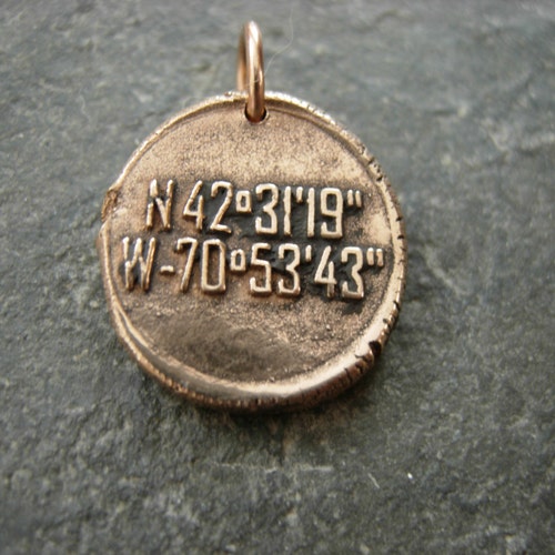 Salem Latitude and Longitude, GPS coordinates, witch trial, Massachusetts, shipping, early America, wax seal jewelry, Salem necklace