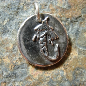 May include: A silver-colored pendant with a detailed fly fishing lure design. The pendant is circular with a small loop at the top for a chain. The fly lure is in the center, with intricate details.