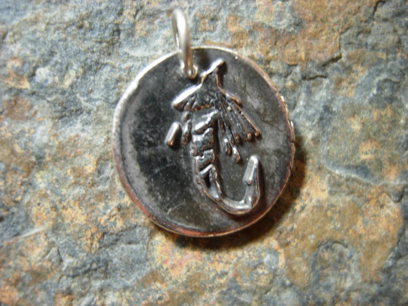 May include: A silver-colored pendant with a detailed fly fishing lure design. The pendant is circular with a small loop at the top for a chain. The fly lure is in the center, with intricate details.