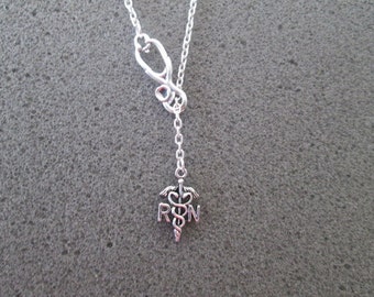 Choose your length - Silver RN Nurse Necklace - Lariat Necklace