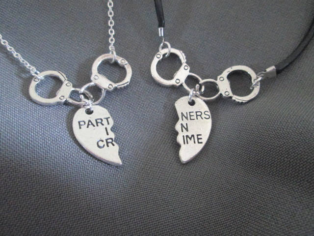 Partner In Crime Friendship Necklace Set - Split Heart & Handcuff Best Friend Jewelry