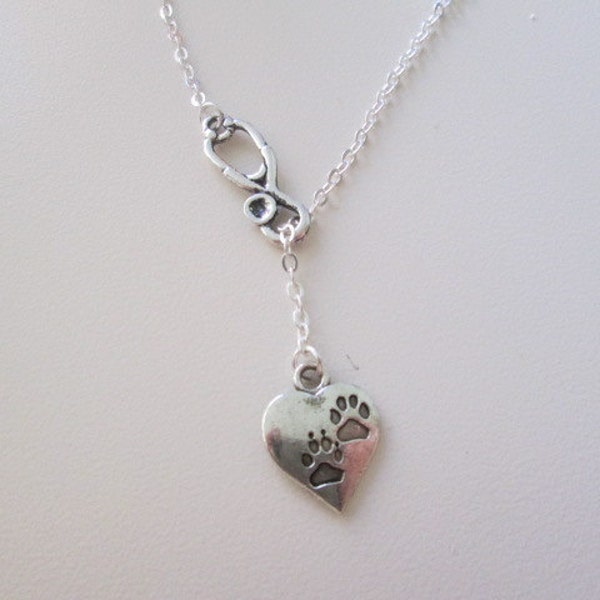 Choose your length - Silver Veterinarian or Vet Tech Necklace - Lariat Style