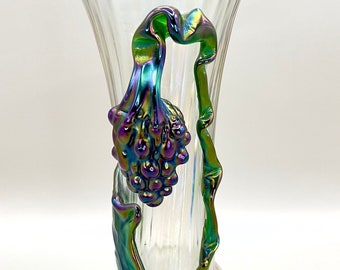 Bohemian Kralik Iridescent Ribbed vase with applied grapes and vine, 8 1/2" Kralik Art Nouveau glass c. 1910
