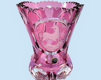 Bohemian Exbor Czech Crystal Vase, Large Czech glass vase with engraved stallion horse