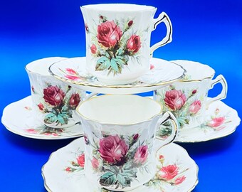 Set 4 Hammersley Grandmother's Rose tea cups and saucers, 4 Hammersley pink rose teacup sets, Vintage bone china teacups, Vintage tea cups