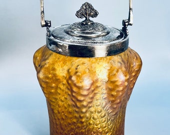 Czech Kralik glass Biscuit Barrel, Kralik gold Martelé cracquelé glass, Simpson Hall Miller & Co metalwork, Early 1900's Bohemian glass