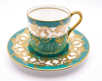 Aynsley Green and Gold Demitasse tea cup and saucer, Aynsley small demi teacup, Espresso cup