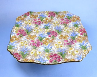 Royal Winton Grimwades Marguerite Chintz Cake Plate on metal stand, Chintz plate, Flower chintz