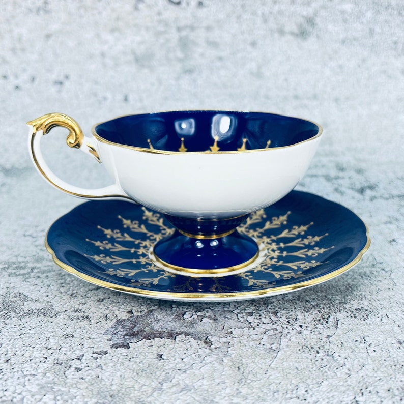 Vintage Aynsley cobalt blue and gold pedestal tea cup and saucer set, English tea party image 7