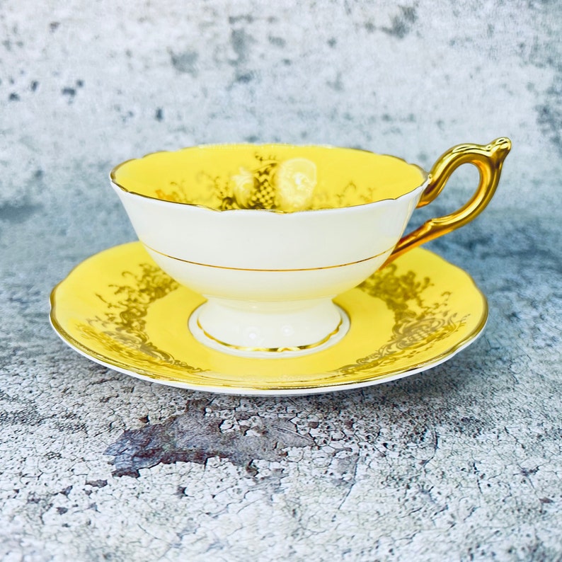 Coalport yellow and gold tea cup and saucer set, Coalport England tea set, Garden tea party, Vintage bone china image 5
