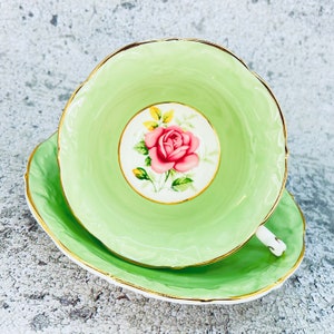 Vintage Paragon pink floating rose tea cup and saucer set, Mint green Paragon tea set, Embossed Paragon teacup, Vintage Bridal shower gift image 8