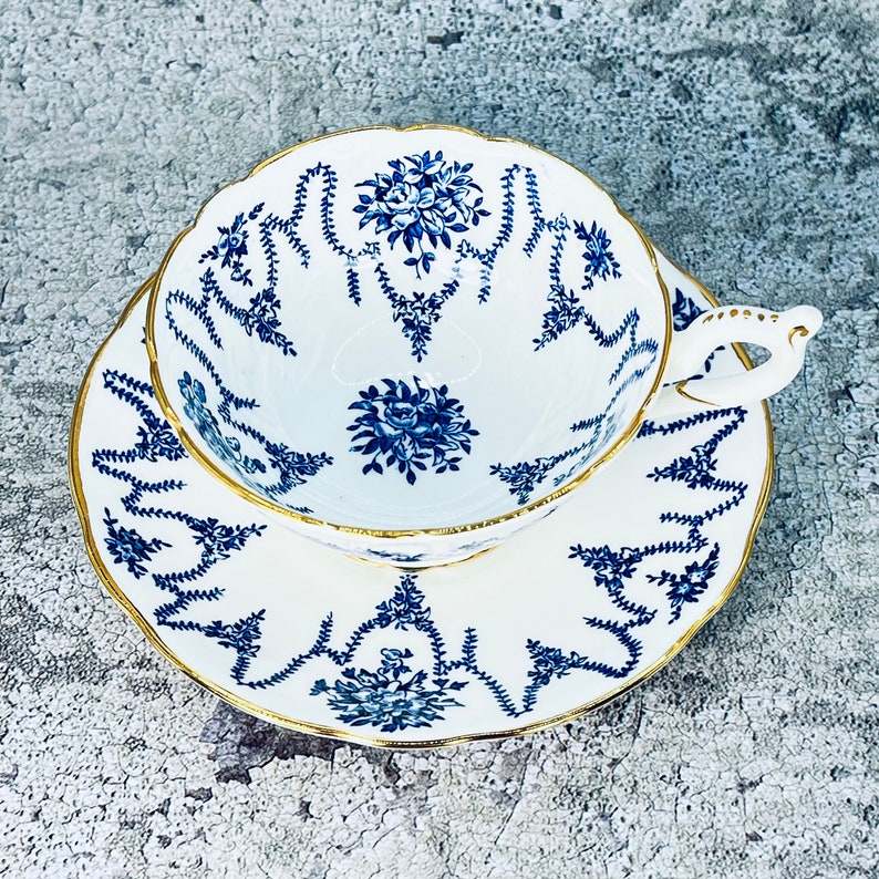 Coalport Blue floral tea cup and saucer set, Coalport England tea set, Garden tea party, Vintage bone china image 1