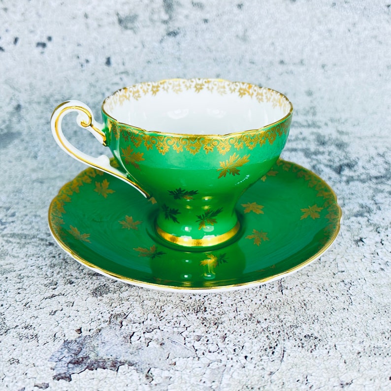 Shelley England green and gold leaf tea cup and saucer set, Shelley New Victoria tea cup, English tea party, Garden tea party, Gift image 5