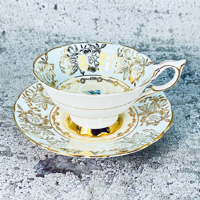 Royal Stafford blue and gold tea cup and saucer set, Pansy and rose tea set, Bridal tea party, Vintage garden party, Afternoon tea image 9