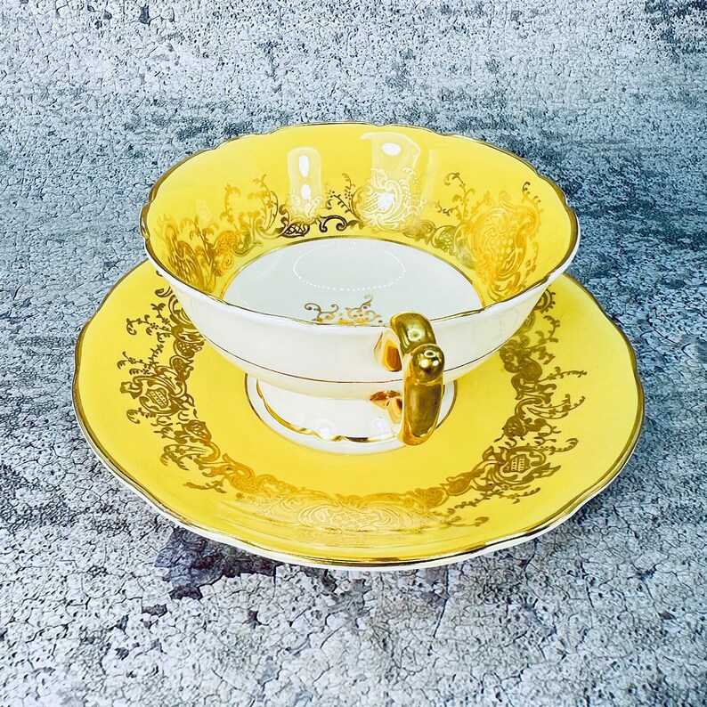 Coalport yellow and gold tea cup and saucer set, Coalport England tea set, Garden tea party, Vintage bone china image 6