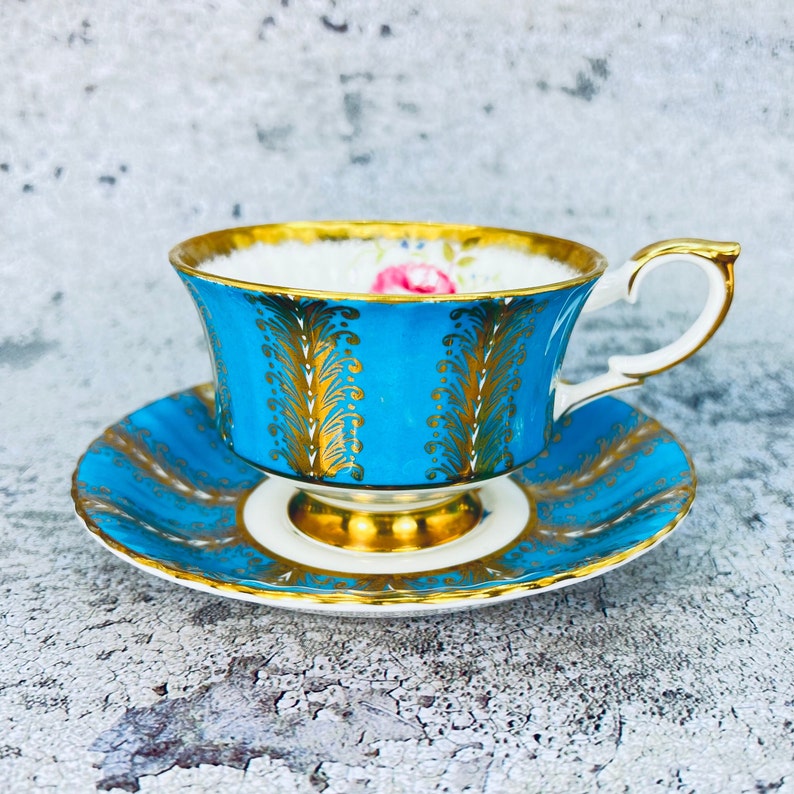 Vintage Paragon tea cup and saucer, Blue Paragon gold feathers, Garden tea party, Vintage tea party image 4