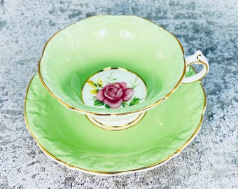 Vintage Paragon pink floating rose tea cup and saucer set, Mint green Paragon tea set, Embossed Paragon teacup, Vintage Bridal shower gift