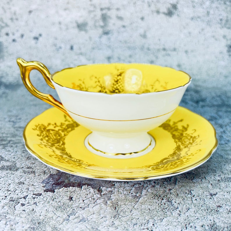 Coalport yellow and gold tea cup and saucer set, Coalport England tea set, Garden tea party, Vintage bone china image 3
