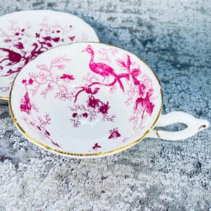 Coalport pink Cairo Bird tea cup and saucer set, Coalport birds and bugs tea set, Garden tea party, Vintage bone china image 5