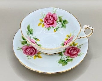 Pink rose Paragon tea cup and saucer set, large pink rose tea set, vintage Paragon tea set