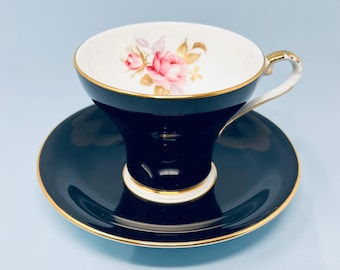 Vintage Aynsley Black Tea Cup and Saucer: Pink Rose English Bone China