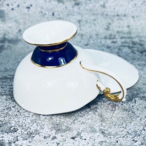 Vintage Aynsley cobalt blue and gold pedestal tea cup and saucer set, English tea party image 8