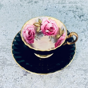 Vintage Aynsley pink cabbage rose tea cup and saucer set, Black pink rose Aynsley, Ring of pink roses, Vintage tea cup and saucer image 1