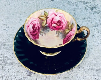 Vintage Aynsley pink cabbage rose tea cup and saucer set, Black pink rose Aynsley, Ring of pink roses, Vintage tea cup and saucer