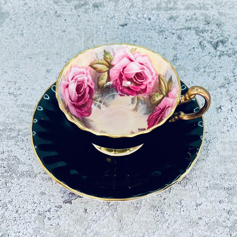 Vintage Aynsley pink cabbage rose tea cup and saucer set, Black pink rose Aynsley, Ring of pink roses, Vintage tea cup and saucer image 1