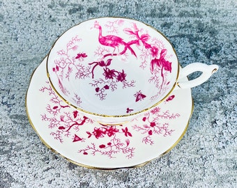 Coalport pink Cairo Bird tea cup and saucer set, Coalport birds and bugs tea set, Garden tea party, Vintage bone china