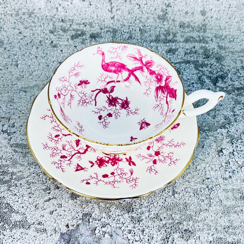 Coalport pink Cairo Bird tea cup and saucer set, Coalport birds and bugs tea set, Garden tea party, Vintage bone china image 1