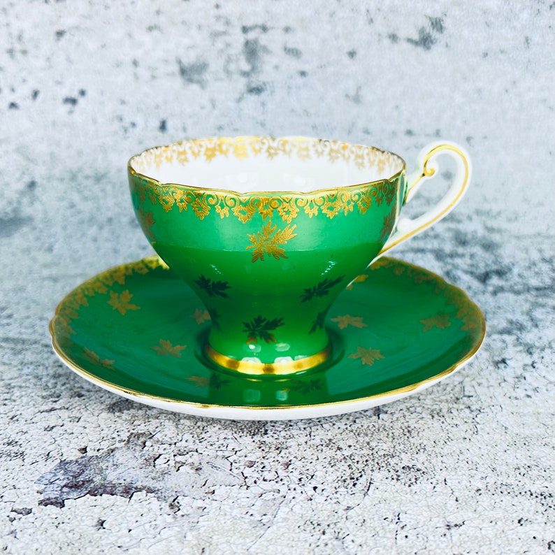 Shelley England green and gold leaf tea cup and saucer set, Shelley New Victoria tea cup, English tea party, Garden tea party, Gift image 1