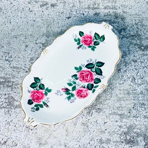 Queen Anne England cream and sugar tray, Bone china small serving tray, Pink rose plate, Oval plate, Bridal shower serving, Tea party plate image 2