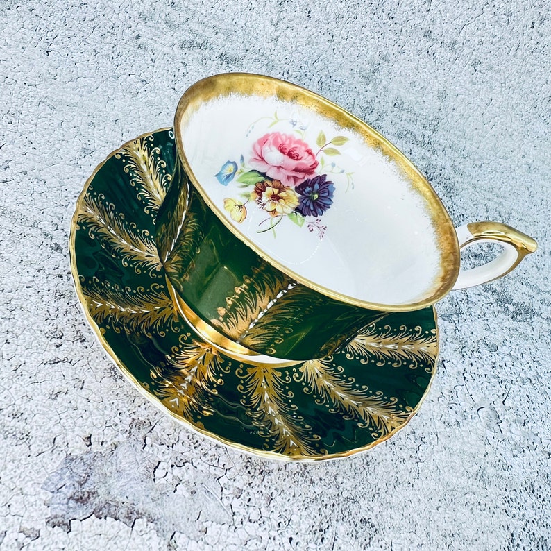 Vintage Paragon tea cup and saucer, Green Paragon gold feathers, Garden tea party, Vintage tea party image 3
