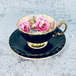 Vintage Aynsley pink cabbage rose tea cup and saucer set, Black pink rose Aynsley, Ring of pink roses, Vintage tea cup and saucer image 4