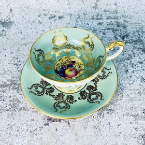 Vintage Aynsley Orchard signed Jones green pedestal tea cup and saucer, Aynsley Orchard fruit, Vintage English tea set, Bridal shower gift image 1