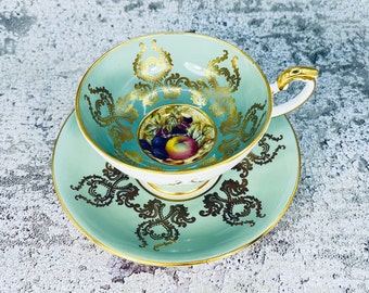Vintage Aynsley Orchard signed Jones green pedestal tea cup and saucer, Aynsley Orchard fruit, Vintage English tea set, Bridal shower gift