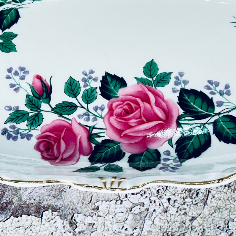 Queen Anne England cream and sugar tray, Bone china small serving tray, Pink rose plate, Oval plate, Bridal shower serving, Tea party plate image 5