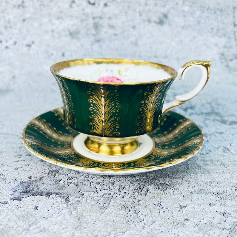 Vintage Paragon tea cup and saucer, Green Paragon gold feathers, Garden tea party, Vintage tea party image 10