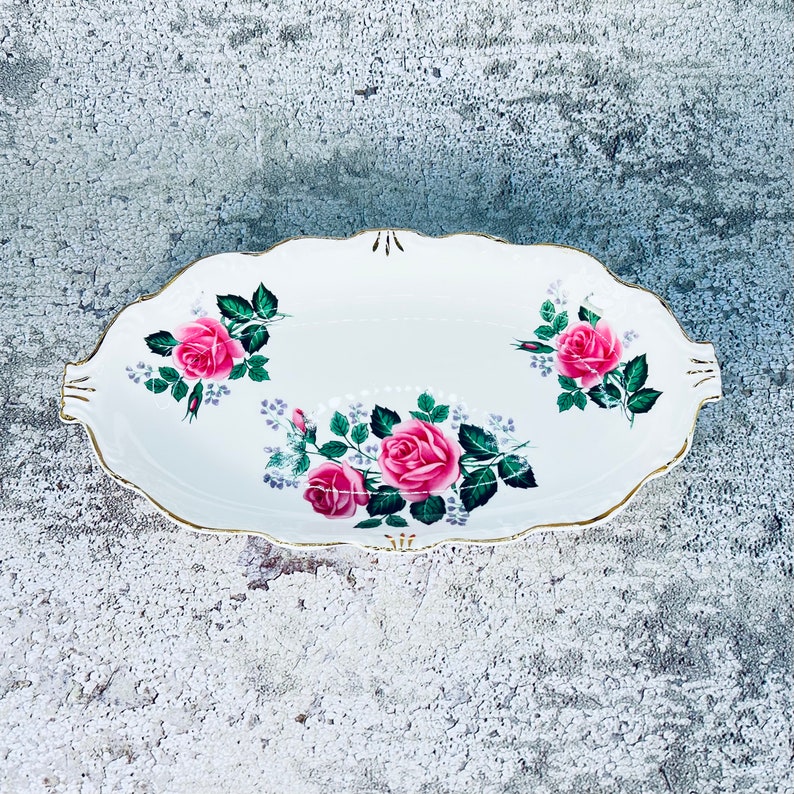 Queen Anne England cream and sugar tray, Bone china small serving tray, Pink rose plate, Oval plate, Bridal shower serving, Tea party plate image 4