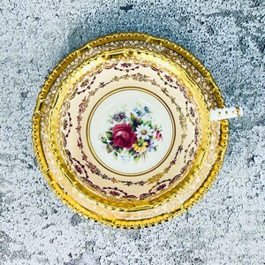 Vintage gold lace Paragon tea cup and saucer set, Paragon pink rose china, Vintage bridal gift, Garden tea party, High class tea set image 3