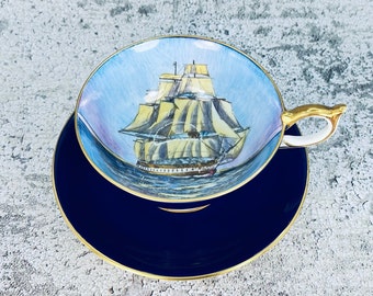 RARE Vintage Aynsley England Clipper Ship tea cup and saucer, Cobalt blue Aynsley sailing ship tea set, English tea set, Teacup collector