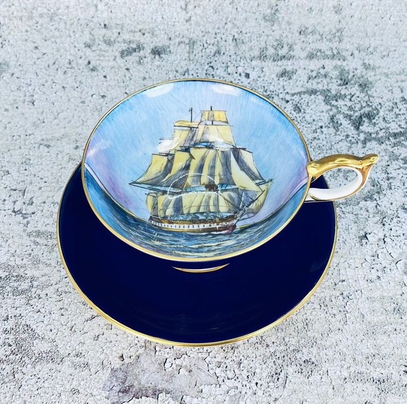 RARE Vintage Aynsley England Clipper Ship tea cup and saucer, Cobalt blue Aynsley sailing ship tea set, English tea set, Teacup collector image 1