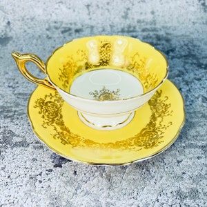 Coalport yellow and gold tea cup and saucer set, Coalport England tea set, Garden tea party, Vintage bone china image 2