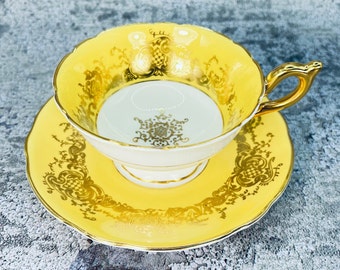 Coalport yellow and gold tea cup and saucer set, Coalport England tea set, Garden tea party, Vintage bone china